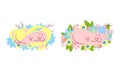 Cute Adorable Newborn Babies Sleeping in Flowers Set Cartoon Vector Illustration