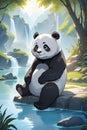 A cute and adorable panda in anime, sitting by waterside of a river, plants, tree, mountain, cartoon, disney style, digital art