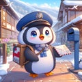 A cute and adorable penguin as a mail carrier, with village street at the background, cartoon, digital anime art, animal art