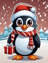 A cute and adorable penguin carrying a gift on its hand, with christmas tree and falling snow, cartoon, animal design