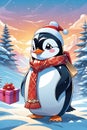 A cute and adorable penguin in cartoon style, with snow capped on the christmas tree , gift, sunset, snow, fantasy, animal