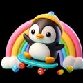 A cute and adorable penguin playing skateboard with rainbow and clouds, no background, t-shirt design, animal