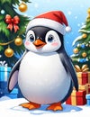 A cute and adorable penguin with santa hat and the christmas tree, gifts, cartoon style, animal design