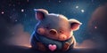 A cute and adorable piglet is sleeping under night sky between stars pillow