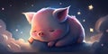 A cute and adorable piglet is sleeping under night sky between stars pillow