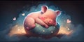 A cute and adorable piglet is sleeping under night sky between stars pillow