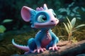 a cute adorable pinky and blue baby dragon lizard 3D Illustation stands in nature in the style of children-friendly cartoon Royalty Free Stock Photo