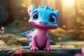 a cute adorable pinky and blue baby dragon lizard 3D Illustation stands in nature in the style of children-friendly cartoon Royalty Free Stock Photo