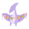Cute adorable Pterosaurus animal with party flags. Lovely dino for nursery, t-shirt, book, print, poster design cartoon