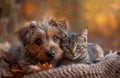 Cute adorable puppy and kitten lying side by side on a warm blanket