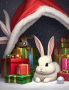 Cute and adorable rabbit hiding in a pile of christmas present, cartoon style, animal design