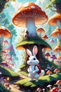 A cute and adorable rabbit in a journey, at a mysterious whimsical mushrooms valley, fantasy, cartoon character, digital anime art