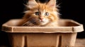 Cute adorable red tabby kitten in a carton box on black background