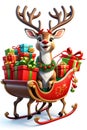 A cute and adorable reindeer in cartoon style, with a sleigh full of christmas gifts, on white background, animal design