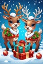 The cute and adorable reindeers sending the christmas gifts for the childrens around the world, snowing, cartoon style, animal