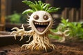 Cute, adorable screaming mandrake root, showcasing its characteristic human-like appearance. Cartoon style character