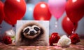 Cute adorable sloth with red balloons and rose flowers.