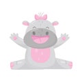 Cute adorable smiling hippo with a pink bow, lovely behemoth animal cartoon character vector Illustration Royalty Free Stock Photo