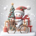 A cute and adorable snowman with santa hat and scraf riding bicycle in a snowing, christmas tree and the gifts behind it, cartoon