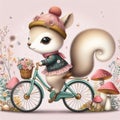 A cute and adorable squirrel in fashionable style riding bicycle, mushroom, flower, animal design
