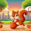 A cute and adorable squirrel playing basket ball in a basket ball field with happy, nature view, animal, sport
