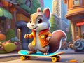A cute and adorable squirrel playing skateboard on a city street, animal, cartoon style