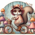 Cute and adorable squirrel riding bicycle in fashionable style, mushrooms and flowers in the background, animal design