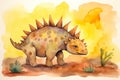 Stegosaurus dinosaur watercolor background. Cute adorable stegosaurus card