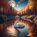 Cute and adorable swan swimming in lake, autumn colors. Generative AI