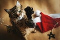 Cute adorable sweet cat playing with stylish christmas red hat, Royalty Free Stock Photo