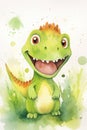 T-rex dinosaur watercolor background. Cute adorable T-rex card