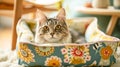Cute adorable tabby cat lying in a cat bed at home. Accessories for pets