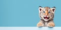 cute adorable tiger cub smiling on blue background and copy space generative ai Royalty Free Stock Photo