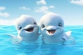 a cute adorable two baby dolphins stands in nature in the style of children-friendly cartoon animation fantasy 3D style