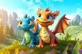 a cute adorable two baby dragons in nature rendered in the style of children-friendly cartoon animation fantasy style 3D style