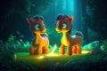 a cute adorable two baby horses character stands in nature by night with neon yellow light in the style of children-friendly Royalty Free Stock Photo