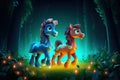 a cute adorable two baby horses character stands in nature by night with neon yellow light in the style of children-friendly Royalty Free Stock Photo