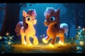 a cute adorable two baby horses character stands in nature by night with neon yellow light in the style of children-friendly Royalty Free Stock Photo