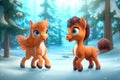 cute adorable two baby horses dancing in the snow in the forest rendered in the style of animated cartoons Royalty Free Stock Photo