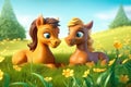 a cute adorable two baby horses resting in grass on a sunny day with yellow light rendered in the style of children-friendly Royalty Free Stock Photo