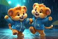 cute adorable two baby lions dancing in the rain in raincoats rendered in the style of animated cartoons suitable for children
