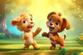 cute adorable two baby puppies dancing in nature rendered in the style of animated cartoons Royalty Free Stock Photo