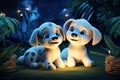 a cute adorable two baby puppies in nature by night with light rendered in the style of children-friendly cartoon animation Royalty Free Stock Photo