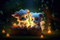 a cute adorable two baby puppies in nature by night with light rendered in the style of children-friendly cartoon animation Royalty Free Stock Photo