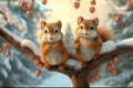 a cute adorable two baby squirrels on a tree in a forest with lots of snow rendered in the style of children-friendly cartoon