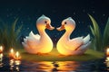 a cute adorable two baby swans by night with yellow light in nature rendered in the style of children-friendly cartoon animation