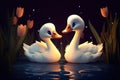 a cute adorable two baby swans by night with yellow light in nature rendered in the style of children-friendly cartoon animation