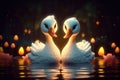 a cute adorable two baby swans by night with yellow light in nature rendered in the style of children-friendly cartoon animation