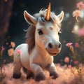 cute adorable Unicorn baby against forest background. Digital artwork. Ai generated.