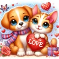 The cute and adorable valentine cat and dog in love, hugging a love sign, flower, gift, romance athmosphere, love art design Royalty Free Stock Photo